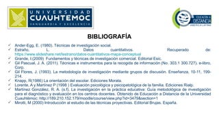  Ander-Egg, E. (1980). Técnicas de investigación social.
 Estraño, L. Datos cuantitativos. Recuperado de:
https://www.slideshare.net/lestrano/datos-cuantitativos-mapa-conceptual
 Grande, I.(2009) Fundamentos y técnicas de investigación comercial. Editorial Esic.
 Gil Pascual, J. A. (2011). Técnicas e instrumentos para la recogida de información (No. 303.1 300.727). e-libro,
Corp.
 Gil Flores, J. (1993). La metodología de investigación mediante grupos de discusión. Enseñanza, 10-11, 199-
214.
 Knapp, R(1986) La orientación del escolar. Ediciones Morata.
 Lorente, A y Martínez P (1998 ) Evaluación psicológica y psicopatológica de la familia. Ediciones Rialp.
 Martínez González, R. A. (s.f). La investigación en la práctica educativa: Guía metodológica de investigación
para el diagnóstico y evaluación en los centros docentes. Obtenido de Educación a Distancia de la Universidad
Cuauhtémoc: http://189.210.152.179/moodle/course/view.php?id=3479&section=1
 Mirotti, M (2000) Introducción al estudio de las técnicas proyectivas. Editorial Brujas. España.
BIBLIOGRAFÍA
 
