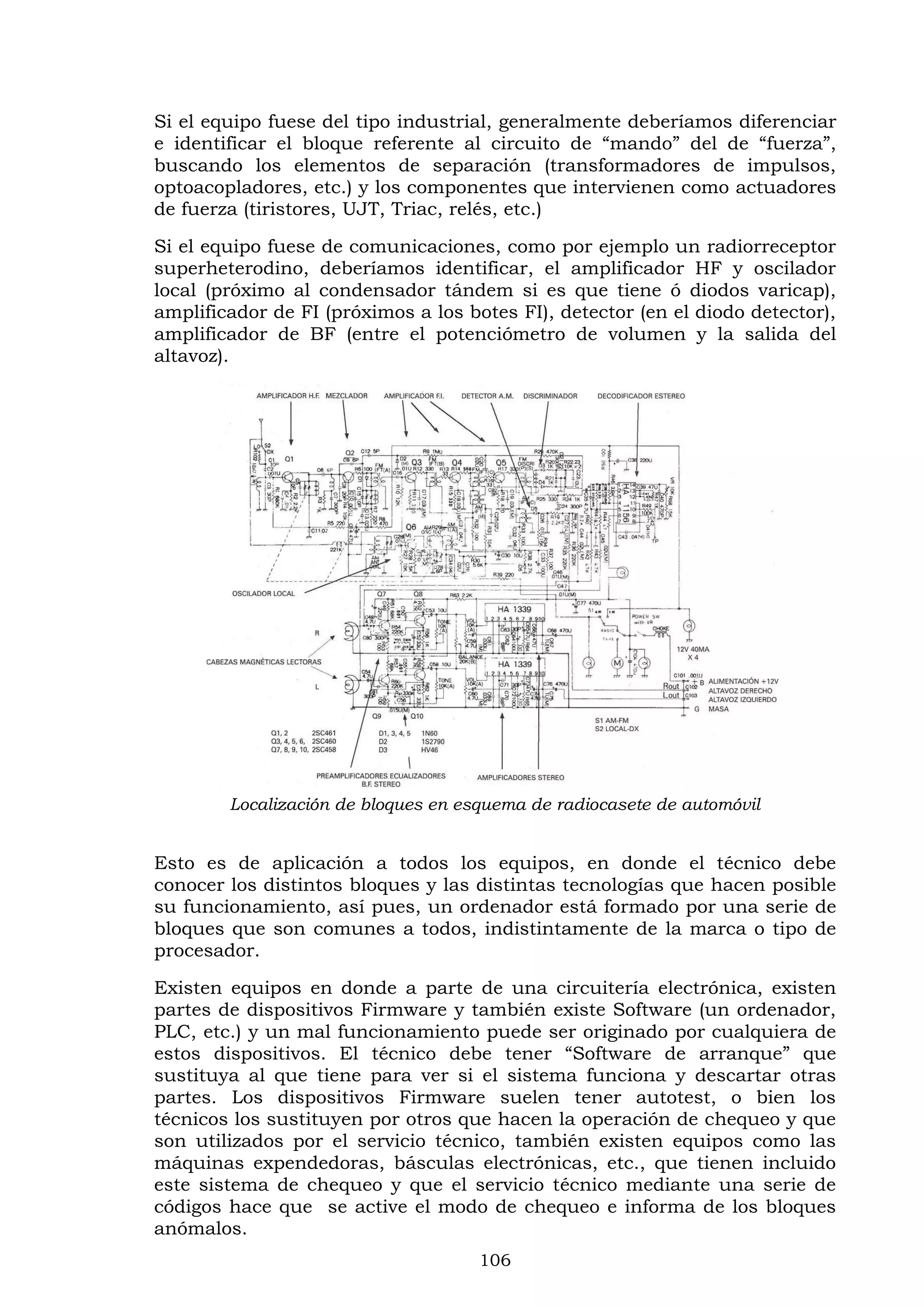 106
Si el equipo fuese del tipo industrial, generalmente deberíamos diferenciar
e identificar el bloque referente al circuito de “mando” del de “fuerza”,
buscando los elementos de separación (transformadores de impulsos,
optoacopladores, etc.) y los componentes que intervienen como actuadores
de fuerza (tiristores, UJT, Triac, relés, etc.)
Si el equipo fuese de comunicaciones, como por ejemplo un radiorreceptor
superheterodino, deberíamos identificar, el amplificador HF y oscilador
local (próximo al condensador tándem si es que tiene ó diodos varicap),
amplificador de FI (próximos a los botes FI), detector (en el diodo detector),
amplificador de BF (entre el potenciómetro de volumen y la salida del
altavoz).
Localización de bloques en esquema de radiocasete de automóvil
Esto es de aplicación a todos los equipos, en donde el técnico debe
conocer los distintos bloques y las distintas tecnologías que hacen posible
su funcionamiento, así pues, un ordenador está formado por una serie de
bloques que son comunes a todos, indistintamente de la marca o tipo de
procesador.
Existen equipos en donde a parte de una circuitería electrónica, existen
partes de dispositivos Firmware y también existe Software (un ordenador,
PLC, etc.) y un mal funcionamiento puede ser originado por cualquiera de
estos dispositivos. El técnico debe tener “Software de arranque” que
sustituya al que tiene para ver si el sistema funciona y descartar otras
partes. Los dispositivos Firmware suelen tener autotest, o bien los
técnicos los sustituyen por otros que hacen la operación de chequeo y que
son utilizados por el servicio técnico, también existen equipos como las
máquinas expendedoras, básculas electrónicas, etc., que tienen incluido
este sistema de chequeo y que el servicio técnico mediante una serie de
códigos hace que se active el modo de chequeo e informa de los bloques
anómalos.
 