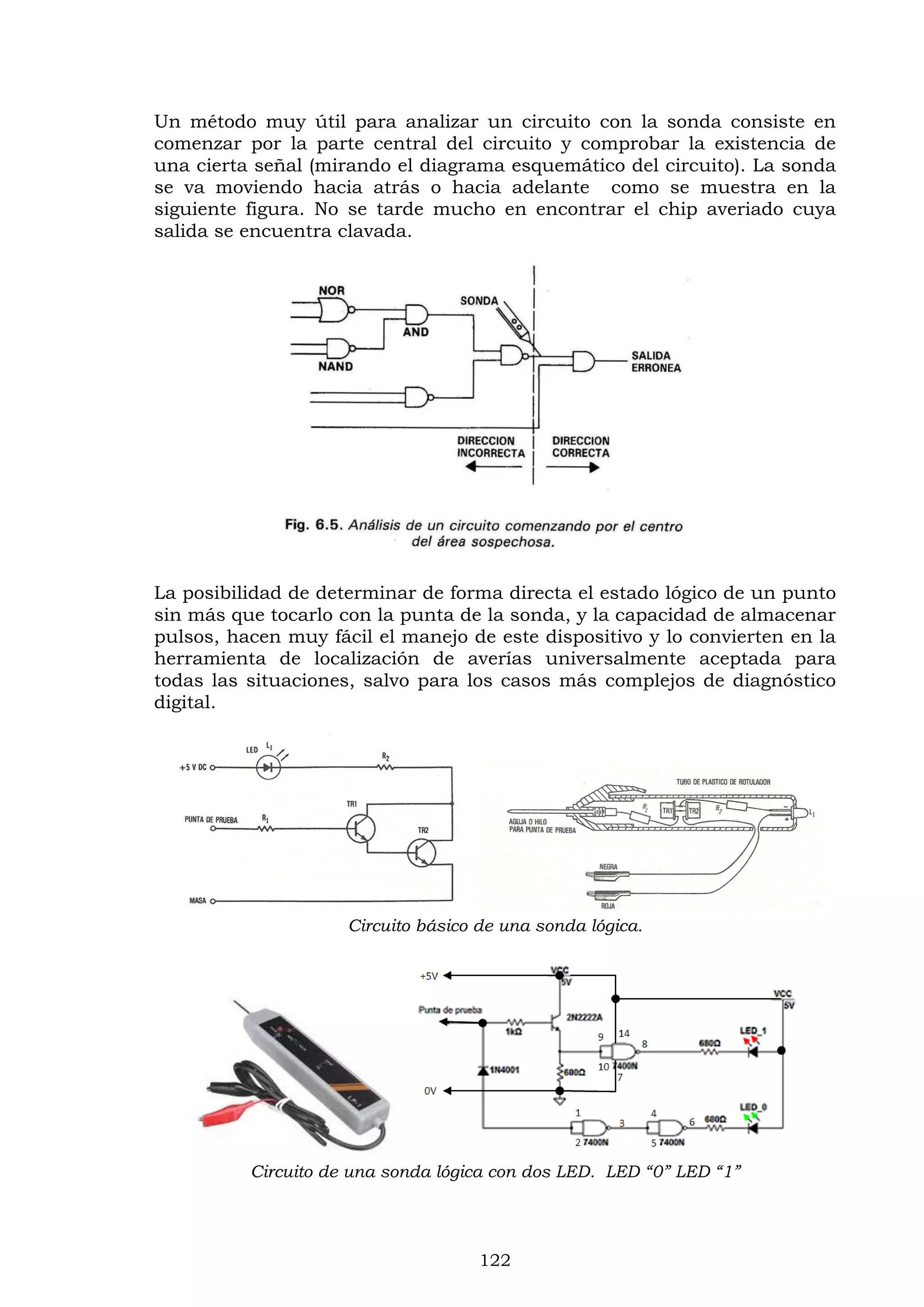 122
Un método muy útil para analizar un circuito con la sonda consiste en
comenzar por la parte central del circuito y comprobar la existencia de
una cierta señal (mirando el diagrama esquemático del circuito). La sonda
se va moviendo hacia atrás o hacia adelante como se muestra en la
siguiente figura. No se tarde mucho en encontrar el chip averiado cuya
salida se encuentra clavada.
La posibilidad de determinar de forma directa el estado lógico de un punto
sin más que tocarlo con la punta de la sonda, y la capacidad de almacenar
pulsos, hacen muy fácil el manejo de este dispositivo y lo convierten en la
herramienta de localización de averías universalmente aceptada para
todas las situaciones, salvo para los casos más complejos de diagnóstico
digital.
Circuito básico de una sonda lógica.
Circuito de una sonda lógica con dos LED. LED “0” LED “1”
 