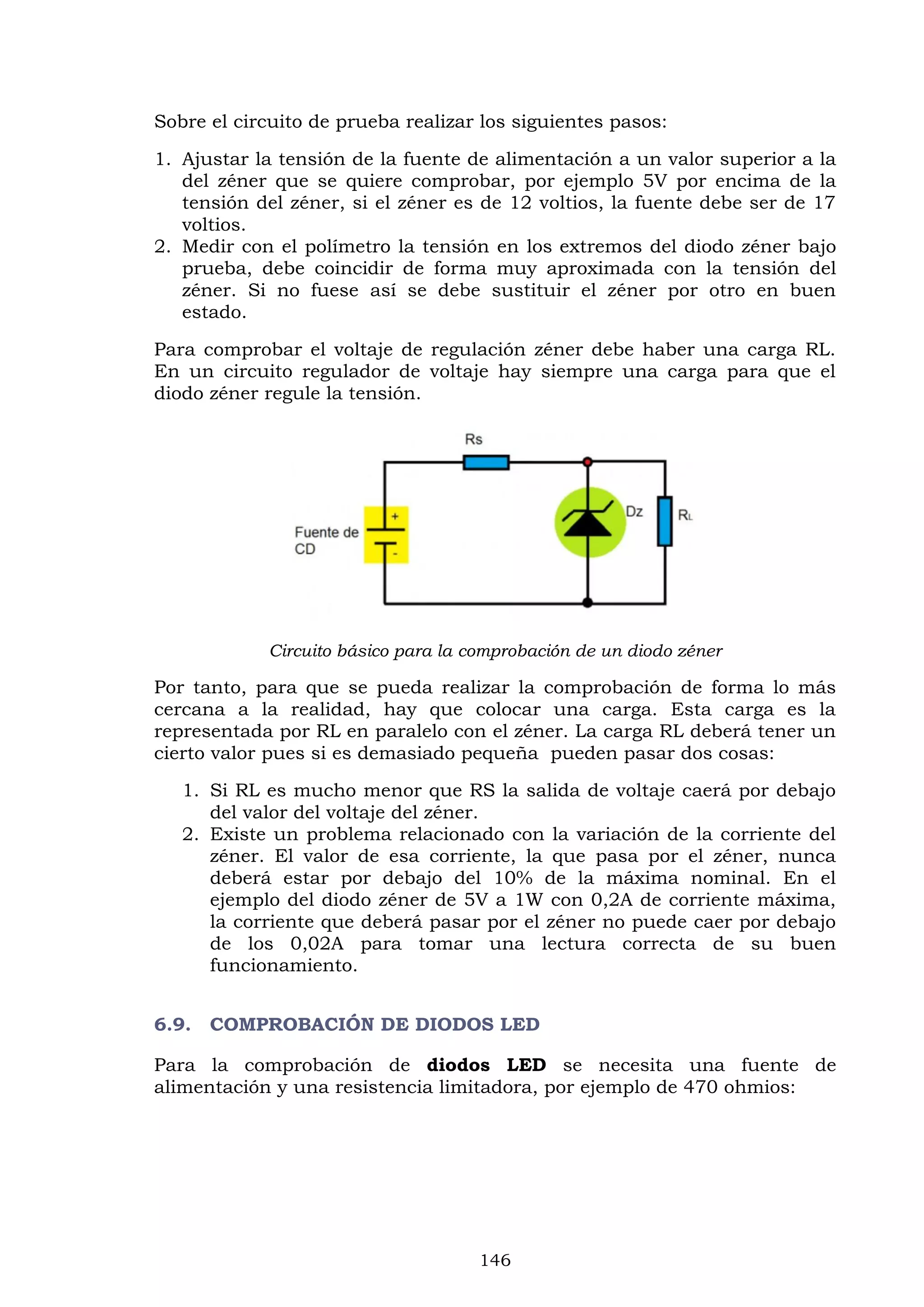 146
Sobre el circuito de prueba realizar los siguientes pasos:
1. Ajustar la tensión de la fuente de alimentación a un valor superior a la
del zéner que se quiere comprobar, por ejemplo 5V por encima de la
tensión del zéner, si el zéner es de 12 voltios, la fuente debe ser de 17
voltios.
2. Medir con el polímetro la tensión en los extremos del diodo zéner bajo
prueba, debe coincidir de forma muy aproximada con la tensión del
zéner. Si no fuese así se debe sustituir el zéner por otro en buen
estado.
Para comprobar el voltaje de regulación zéner debe haber una carga RL.
En un circuito regulador de voltaje hay siempre una carga para que el
diodo zéner regule la tensión.
Circuito básico para la comprobación de un diodo zéner
Por tanto, para que se pueda realizar la comprobación de forma lo más
cercana a la realidad, hay que colocar una carga. Esta carga es la
representada por RL en paralelo con el zéner. La carga RL deberá tener un
cierto valor pues si es demasiado pequeña pueden pasar dos cosas:
1. Si RL es mucho menor que RS la salida de voltaje caerá por debajo
del valor del voltaje del zéner.
2. Existe un problema relacionado con la variación de la corriente del
zéner. El valor de esa corriente, la que pasa por el zéner, nunca
deberá estar por debajo del 10% de la máxima nominal. En el
ejemplo del diodo zéner de 5V a 1W con 0,2A de corriente máxima,
la corriente que deberá pasar por el zéner no puede caer por debajo
de los 0,02A para tomar una lectura correcta de su buen
funcionamiento.
6.9. COMPROBACIÓN DE DIODOS LED
Para la comprobación de diodos LED se necesita una fuente de
alimentación y una resistencia limitadora, por ejemplo de 470 ohmios:
 
