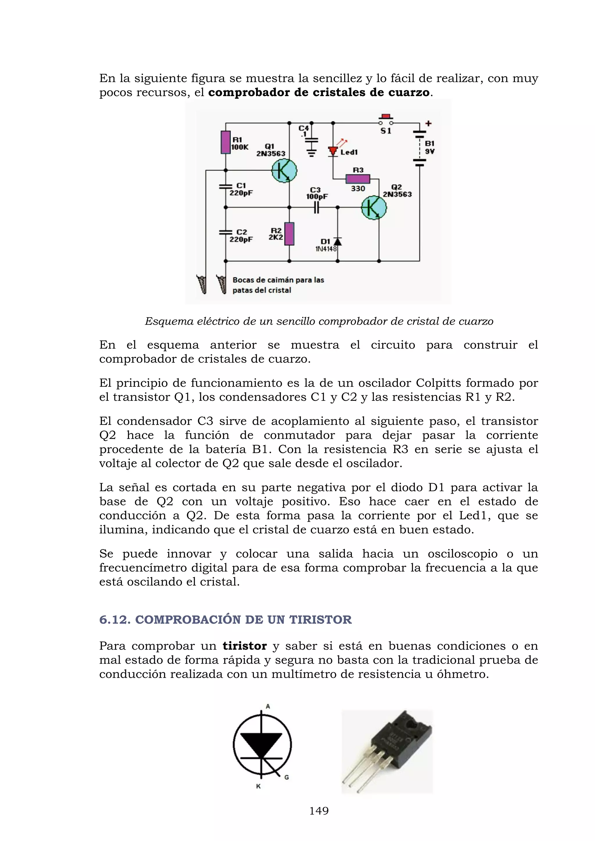 149
En la siguiente figura se muestra la sencillez y lo fácil de realizar, con muy
pocos recursos, el comprobador de cristales de cuarzo.
Esquema eléctrico de un sencillo comprobador de cristal de cuarzo
En el esquema anterior se muestra el circuito para construir el
comprobador de cristales de cuarzo.
El principio de funcionamiento es la de un oscilador Colpitts formado por
el transistor Q1, los condensadores C1 y C2 y las resistencias R1 y R2.
El condensador C3 sirve de acoplamiento al siguiente paso, el transistor
Q2 hace la función de conmutador para dejar pasar la corriente
procedente de la batería B1. Con la resistencia R3 en serie se ajusta el
voltaje al colector de Q2 que sale desde el oscilador.
La señal es cortada en su parte negativa por el diodo D1 para activar la
base de Q2 con un voltaje positivo. Eso hace caer en el estado de
conducción a Q2. De esta forma pasa la corriente por el Led1, que se
ilumina, indicando que el cristal de cuarzo está en buen estado.
Se puede innovar y colocar una salida hacia un osciloscopio o un
frecuencímetro digital para de esa forma comprobar la frecuencia a la que
está oscilando el cristal.
6.12. COMPROBACIÓN DE UN TIRISTOR
Para comprobar un tiristor y saber si está en buenas condiciones o en
mal estado de forma rápida y segura no basta con la tradicional prueba de
conducción realizada con un multímetro de resistencia u óhmetro.
 