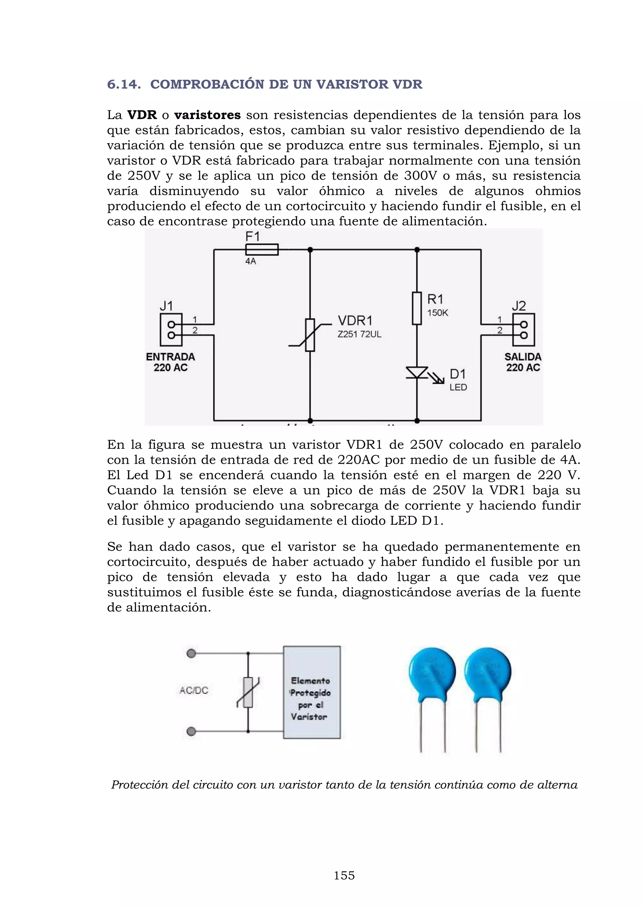 155
6.14. COMPROBACIÓN DE UN VARISTOR VDR
La VDR o varistores son resistencias dependientes de la tensión para los
que están fabricados, estos, cambian su valor resistivo dependiendo de la
variación de tensión que se produzca entre sus terminales. Ejemplo, si un
varistor o VDR está fabricado para trabajar normalmente con una tensión
de 250V y se le aplica un pico de tensión de 300V o más, su resistencia
varía disminuyendo su valor óhmico a niveles de algunos ohmios
produciendo el efecto de un cortocircuito y haciendo fundir el fusible, en el
caso de encontrase protegiendo una fuente de alimentación.
En la figura se muestra un varistor VDR1 de 250V colocado en paralelo
con la tensión de entrada de red de 220AC por medio de un fusible de 4A.
El Led D1 se encenderá cuando la tensión esté en el margen de 220 V.
Cuando la tensión se eleve a un pico de más de 250V la VDR1 baja su
valor óhmico produciendo una sobrecarga de corriente y haciendo fundir
el fusible y apagando seguidamente el diodo LED D1.
Se han dado casos, que el varistor se ha quedado permanentemente en
cortocircuito, después de haber actuado y haber fundido el fusible por un
pico de tensión elevada y esto ha dado lugar a que cada vez que
sustituimos el fusible éste se funda, diagnosticándose averías de la fuente
de alimentación.
Protección del circuito con un varistor tanto de la tensión continúa como de alterna
 
