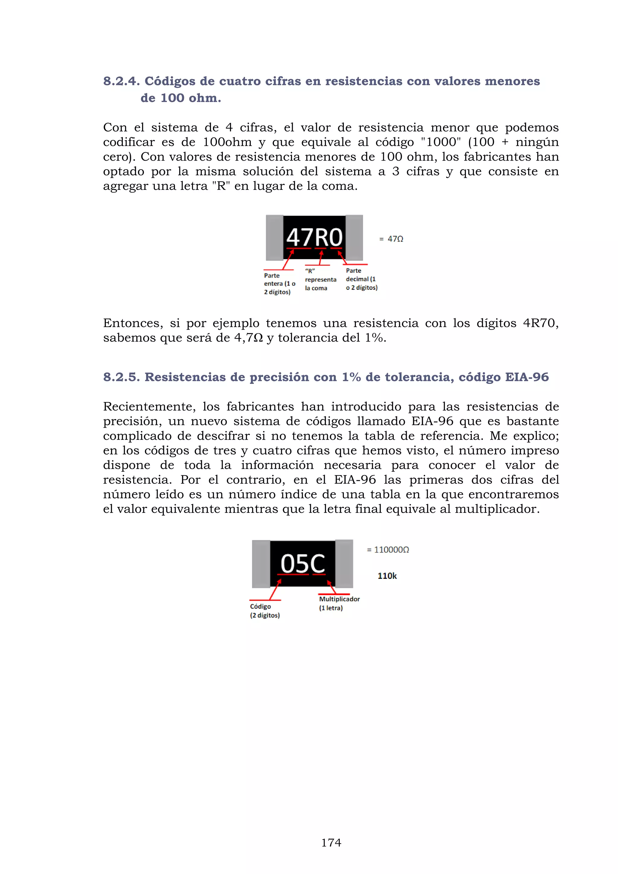 174
8.2.4. Códigos de cuatro cifras en resistencias con valores menores
de 100 ohm.
Con el sistema de 4 cifras, el valor de resistencia menor que podemos
codificar es de 100ohm y que equivale al código "1000" (100 + ningún
cero). Con valores de resistencia menores de 100 ohm, los fabricantes han
optado por la misma solución del sistema a 3 cifras y que consiste en
agregar una letra "R" en lugar de la coma.
Entonces, si por ejemplo tenemos una resistencia con los dígitos 4R70,
sabemos que será de 4,7Ω y tolerancia del 1%.
8.2.5. Resistencias de precisión con 1% de tolerancia, código EIA-96
Recientemente, los fabricantes han introducido para las resistencias de
precisión, un nuevo sistema de códigos llamado EIA-96 que es bastante
complicado de descifrar si no tenemos la tabla de referencia. Me explico;
en los códigos de tres y cuatro cifras que hemos visto, el número impreso
dispone de toda la información necesaria para conocer el valor de
resistencia. Por el contrario, en el EIA-96 las primeras dos cifras del
número leído es un número índice de una tabla en la que encontraremos
el valor equivalente mientras que la letra final equivale al multiplicador.
 