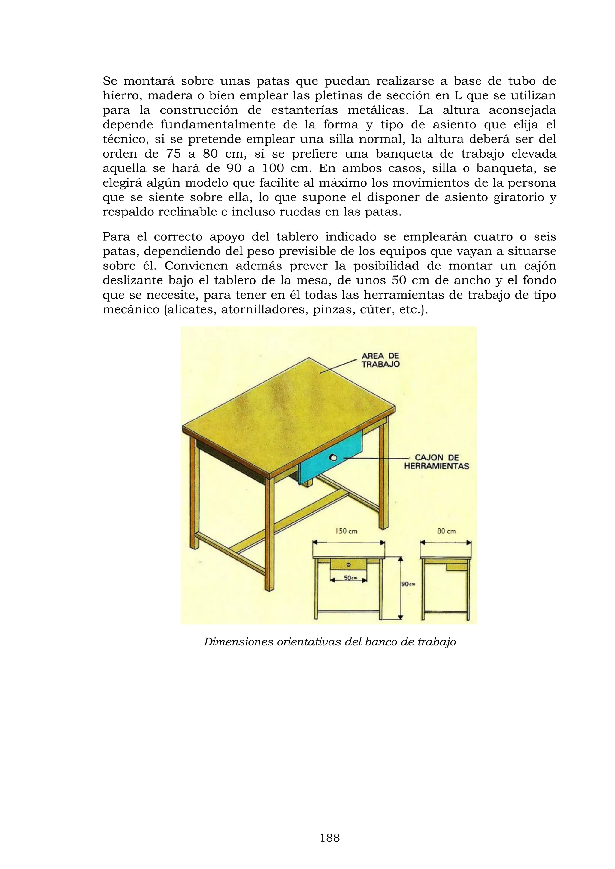 188
Se montará sobre unas patas que puedan realizarse a base de tubo de
hierro, madera o bien emplear las pletinas de sección en L que se utilizan
para la construcción de estanterías metálicas. La altura aconsejada
depende fundamentalmente de la forma y tipo de asiento que elija el
técnico, si se pretende emplear una silla normal, la altura deberá ser del
orden de 75 a 80 cm, si se prefiere una banqueta de trabajo elevada
aquella se hará de 90 a 100 cm. En ambos casos, silla o banqueta, se
elegirá algún modelo que facilite al máximo los movimientos de la persona
que se siente sobre ella, lo que supone el disponer de asiento giratorio y
respaldo reclinable e incluso ruedas en las patas.
Para el correcto apoyo del tablero indicado se emplearán cuatro o seis
patas, dependiendo del peso previsible de los equipos que vayan a situarse
sobre él. Convienen además prever la posibilidad de montar un cajón
deslizante bajo el tablero de la mesa, de unos 50 cm de ancho y el fondo
que se necesite, para tener en él todas las herramientas de trabajo de tipo
mecánico (alicates, atornilladores, pinzas, cúter, etc.).
Dimensiones orientativas del banco de trabajo
 