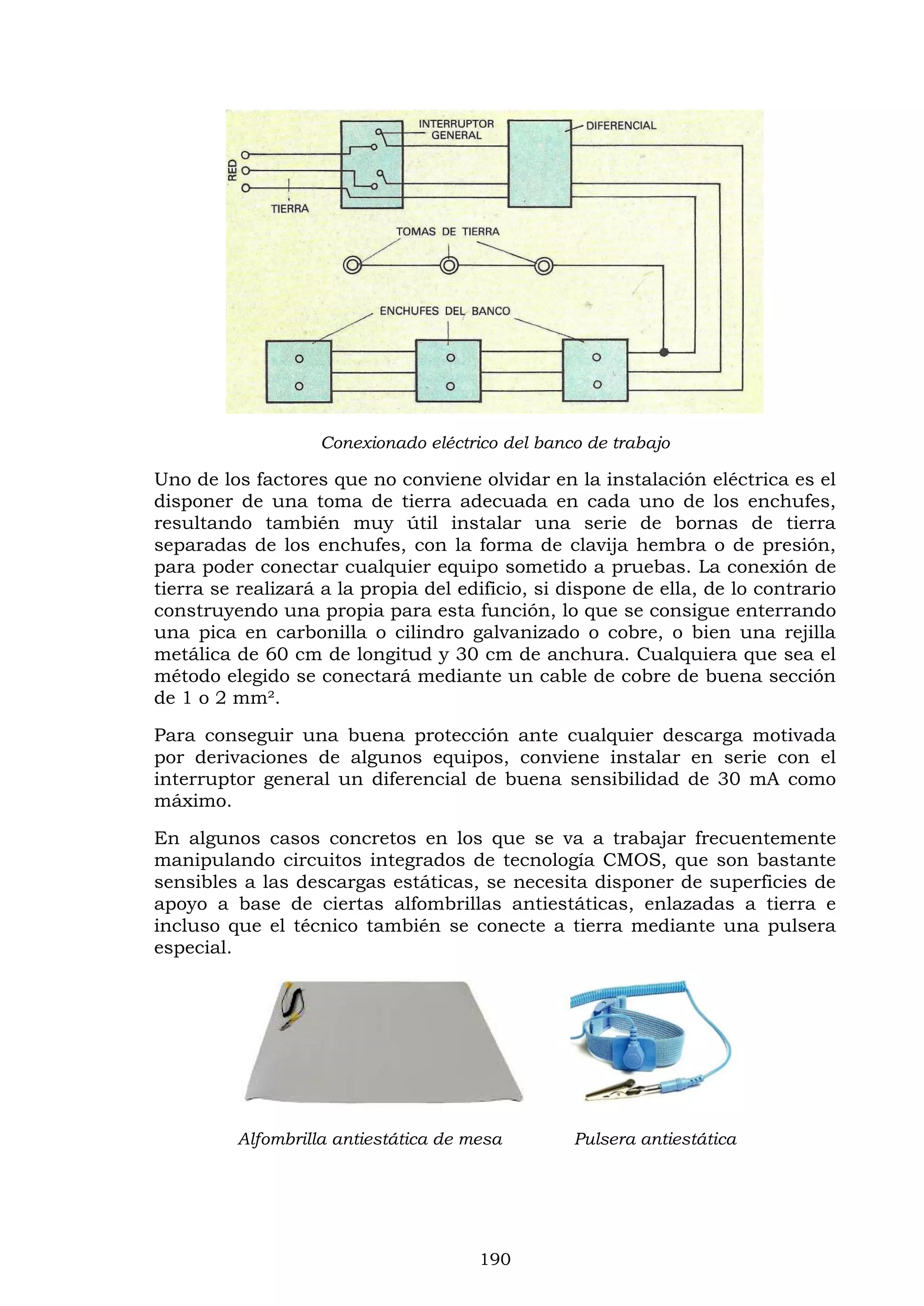 190
Conexionado eléctrico del banco de trabajo
Uno de los factores que no conviene olvidar en la instalación eléctrica es el
disponer de una toma de tierra adecuada en cada uno de los enchufes,
resultando también muy útil instalar una serie de bornas de tierra
separadas de los enchufes, con la forma de clavija hembra o de presión,
para poder conectar cualquier equipo sometido a pruebas. La conexión de
tierra se realizará a la propia del edificio, si dispone de ella, de lo contrario
construyendo una propia para esta función, lo que se consigue enterrando
una pica en carbonilla o cilindro galvanizado o cobre, o bien una rejilla
metálica de 60 cm de longitud y 30 cm de anchura. Cualquiera que sea el
método elegido se conectará mediante un cable de cobre de buena sección
de 1 o 2 mm².
Para conseguir una buena protección ante cualquier descarga motivada
por derivaciones de algunos equipos, conviene instalar en serie con el
interruptor general un diferencial de buena sensibilidad de 30 mA como
máximo.
En algunos casos concretos en los que se va a trabajar frecuentemente
manipulando circuitos integrados de tecnología CMOS, que son bastante
sensibles a las descargas estáticas, se necesita disponer de superficies de
apoyo a base de ciertas alfombrillas antiestáticas, enlazadas a tierra e
incluso que el técnico también se conecte a tierra mediante una pulsera
especial.
Alfombrilla antiestática de mesa Pulsera antiestática
 