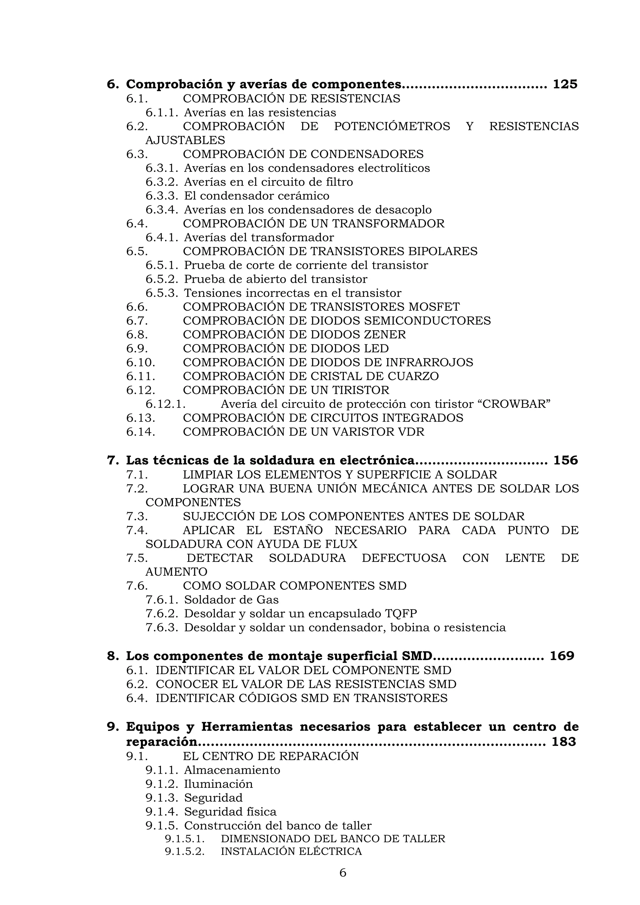 6
6. Comprobación y averías de componentes………………….………… 125
6.1. COMPROBACIÓN DE RESISTENCIAS
6.1.1. Averías en las resistencias
6.2. COMPROBACIÓN DE POTENCIÓMETROS Y RESISTENCIAS
AJUSTABLES
6.3. COMPROBACIÓN DE CONDENSADORES
6.3.1. Averías en los condensadores electrolíticos
6.3.2. Averías en el circuito de filtro
6.3.3. El condensador cerámico
6.3.4. Averías en los condensadores de desacoplo
6.4. COMPROBACIÓN DE UN TRANSFORMADOR
6.4.1. Averías del transformador
6.5. COMPROBACIÓN DE TRANSISTORES BIPOLARES
6.5.1. Prueba de corte de corriente del transistor
6.5.2. Prueba de abierto del transistor
6.5.3. Tensiones incorrectas en el transistor
6.6. COMPROBACIÓN DE TRANSISTORES MOSFET
6.7. COMPROBACIÓN DE DIODOS SEMICONDUCTORES
6.8. COMPROBACIÓN DE DIODOS ZENER
6.9. COMPROBACIÓN DE DIODOS LED
6.10. COMPROBACIÓN DE DIODOS DE INFRARROJOS
6.11. COMPROBACIÓN DE CRISTAL DE CUARZO
6.12. COMPROBACIÓN DE UN TIRISTOR
6.12.1. Avería del circuito de protección con tiristor “CROWBAR”
6.13. COMPROBACIÓN DE CIRCUITOS INTEGRADOS
6.14. COMPROBACIÓN DE UN VARISTOR VDR
7. Las técnicas de la soldadura en electrónica…………………….…… 156
7.1. LIMPIAR LOS ELEMENTOS Y SUPERFICIE A SOLDAR
7.2. LOGRAR UNA BUENA UNIÓN MECÁNICA ANTES DE SOLDAR LOS
COMPONENTES
7.3. SUJECCIÓN DE LOS COMPONENTES ANTES DE SOLDAR
7.4. APLICAR EL ESTAÑO NECESARIO PARA CADA PUNTO DE
SOLDADURA CON AYUDA DE FLUX
7.5. DETECTAR SOLDADURA DEFECTUOSA CON LENTE DE
AUMENTO
7.6. COMO SOLDAR COMPONENTES SMD
7.6.1. Soldador de Gas
7.6.2. Desoldar y soldar un encapsulado TQFP
7.6.3. Desoldar y soldar un condensador, bobina o resistencia
8. Los componentes de montaje superficial SMD…………….………. 169
6.1. IDENTIFICAR EL VALOR DEL COMPONENTE SMD
6.2. CONOCER EL VALOR DE LAS RESISTENCIAS SMD
6.4. IDENTIFICAR CÓDIGOS SMD EN TRANSISTORES
9. Equipos y Herramientas necesarios para establecer un centro de
reparación…..……………………………………………..………………….. 183
9.1. EL CENTRO DE REPARACIÓN
9.1.1. Almacenamiento
9.1.2. Iluminación
9.1.3. Seguridad
9.1.4. Seguridad física
9.1.5. Construcción del banco de taller
9.1.5.1. DIMENSIONADO DEL BANCO DE TALLER
9.1.5.2. INSTALACIÓN ELÉCTRICA
 