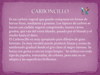 Es un carbón vegetal que puede comprarse en forma de barras finas, medianas y gruesas. Los lápices de carbón se hacen con carbón vegetal comprimido; tienen varios grados, que van del extra blando, pasado por el blando y el medio hasta el duro.El Carboncillo es muy apropiado para dibujos de gran formato. Es muy versátil puede producir líneas y zonas de sombreado gradual desde el gris claro al negro intenso. Se borra con goma o con un trapo limpio.` Se utiliza con todo tipo de papeles, testuradas, de colores, pero este no se adapta a las superficies brillantes.CARBONCILLO