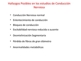 Hallazgos Posibles en los estudios de Conducción
                    Nerviosa

 • Conducción Nerviosa normal
 • Enlentecimiento de conducción
 • Bloqueo de conducción
 • Excitabilidad nerviosa reducida o ausente

 • Desmielinización Segmentaria

 • Pérdida de fibras de gran diámetro

 • Anormalidades metabólicas
 