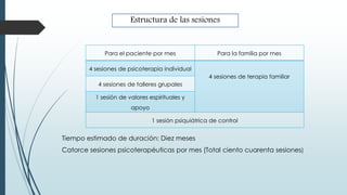 Para el paciente por mes Para la familia por mes
4 sesiones de psicoterapia individual
4 sesiones de terapia familiar
4 sesiones de talleres grupales
1 sesión de valores espirituales y
apoyo
1 sesión psiquiátrica de control
Tiempo estimado de duración: Diez meses
Catorce sesiones psicoterapéuticas por mes (Total ciento cuarenta sesiones)
Estructura de las sesiones
 