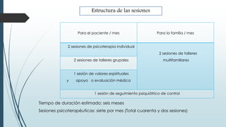 Para el paciente / mes Para la familia / mes
2 sesiones de psicoterapia individual
2 sesiones de talleres
multifamiliares2 sesiones de talleres grupales
1 sesión de valores espirituales
y apoyo o evaluación médica
1 sesión de seguimiento psiquiátrico de control
Tiempo de duración estimado: seis meses
Sesiones psicoterapéuticas: siete por mes (Total cuarenta y dos sesiones)
Estructura de las sesiones
 