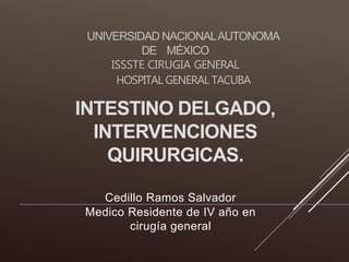 INTESTINO DELGADO,
INTERVENCIONES
QUIRURGICAS.
UNIVERSIDAD NACIONALAUTONOMA
DE MÉXICO
ISSSTE CIRUGIA GENERAL
HOSPITAL GENERAL TACUBA
Cedillo Ramos Salvador
Medico Residente de IV año en
cirugía general
 