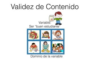 Validez de Contenido
Variable:
Ser “buen estudiante”
Dominio de la variable
 