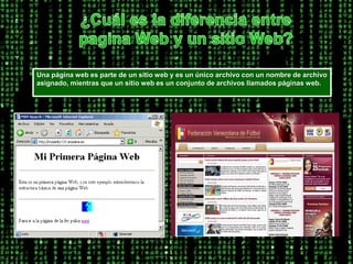 ¿Cuál es la diferencia entre pagina Web y un sitio Web?Una página web es parte de un sitio web y es un único archivo con un nombre de archivo asignado, mientras que un sitio web es un conjunto de archivos llamados páginas web. 