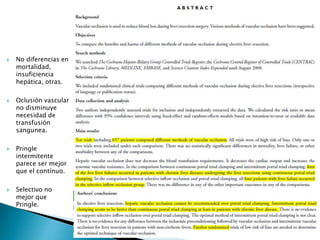  No diferencias en
mortalidad,
insuficiencia
hepática, otras.
 Oclusión vascular
no disminuye
necesidad de
transfusión
sangunea.
 Pringle
intermitente
parece ser mejor
que el contínuo.
 Selectivo no
mejor que
Pringle.
 