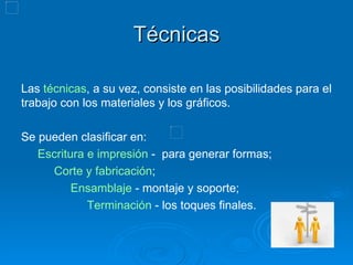 Técnicas Las  técnicas , a su vez, consiste en las posibilidades para el trabajo con los materiales y los gráficos. Se pueden clasificar en: Escritura e impresión  -  para generar formas; Corte y fabricación ; Ensamblaje  - montaje y soporte; Terminación  - los toques finales. 