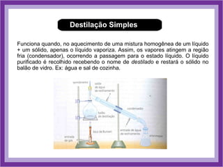 Destilação Simples

Funciona quando, no aquecimento de uma mistura homogênea de um líquido
+ um sólido, apenas o líquido vaporiza. Assim, os vapores atingem a região
fria (condensador), ocorrendo a passagem para o estado líquido. O líquido
purificado é recolhido recebendo o nome de destilado e restará o sólido no
balão de vidro. Ex: água e sal de cozinha.
 