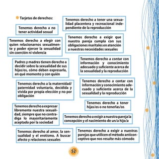 52
Tarjetas de derechos:
Tenemos derecho a no
tener actividad sexual
Tenemos derecho a tener una sexua-
lidad placentera y recreacional inde-
pendiente de la reproducción
Tenemos derecho a elegir con
quien relacionarnos sexualmen-
te y poder ejercer la sexualidad
sin coerción ni violencia
Tenemos derecho a exigir que
nuestra pareja cumpla con sus
obligacionesmaritalesenatención
a nuestras necesidades sexuales
Padres y madres tienen derecho a
decidir sobre la sexualidad de sus
hijas/os, cómo deben expresarla,
en qué momento y con quién
Tenemos derecho a contar con
información y conocimiento ade-
cuado y suficiente acerca de la
sexualidad y la reproducción
Tenemos derecho a la maternidad/
paternidad voluntaria, decidida y
vivida por propia elección y no por
obligación
Tenemosderechoaexigiranuestraparejala
concepción y el nacimiento de un/a hijo/a
Tenemos derecho a tener
hijas/os o no tenerlas/os
Tenemos derecho a exigir a nuestras
parejas que utilicen el método anticon-
ceptivo que nos resulte más cómodo
Tenemos derecho a contar con
información y conocimiento
adecuado y suficiente acerca de
la sexualidad y la reproducción
Tenemos derecho al amor, la sen-
sualidad y el erotismo. A buscar
afecto y relaciones sexuales
Tenemosderechoaexpresar
libremente nuestra sexuali-
dad, siempre que no contra-
diga lo mayoritariamente
aceptado por la sociedad
 