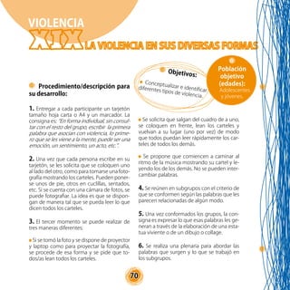 70
Procedimiento/descripción para
su desarrollo:
1. Entregar a cada participante un tarjetón
tamaño hoja carta o A4 y un marcador. La
consigna es: “En forma individual, sin consul-
tar con el resto del grupo, escribir la primera
palabra que asocian con violencia, lo prime-
ro que se les viene a la mente, puede ser una
emoción, un sentimiento, un acto, etc.”.
2. Una vez que cada persona escribe en su
tarjetón, se les solicita que se coloquen uno
al lado del otro, como para tomarse una foto-
grafía mostrando los carteles. Pueden poner-
se unos de pie, otros en cuclillas, sentados,
etc. Si se cuenta con una cámara de fotos, se
puede fotografiar. La idea es que se dispon-
gan de manera tal que se pueda leer lo que
dicen todos los carteles.
3. El tercer momento se puede realizar de
tres maneras diferentes:
Si se tomó la foto y se dispone de proyector
y laptop como para proyectar la fotografía,
se procede de esa forma y se pide que to-
dos/as lean todos los carteles.
VIOLENCIA
Objetivos:
Conceptualizar e identificar
diferentes tipos de violencia.
Población
objetivo
(edades):
Adolescentes
y jóvenes.
Se solicita que salgan del cuadro de a uno,
se coloquen en frente, lean los carteles y
vuelvan a su lugar (uno por vez) de modo
que todos puedan leer rápidamente los car-
teles de todos los demás.
Se propone que comiencen a caminar al
ritmo de la música mostrando su cartel y le-
yendo los de los demás. No se pueden inter-
cambiar palabras.
4. Se reúnen en subgrupos con el criterio de
que se conformen según las palabras que les
parecen relacionadas de algún modo.
5. Una vez conformados los grupos, la con-
signa es expresar lo que esas palabras les ge-
neran a través de la elaboración de una esta-
tua viviente o de un dibujo o collage.
6. Se realiza una plenaria para abordar las
palabras que surgen y lo que se trabajó en
los subgrupos.
 