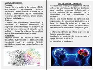 PSICOTERAPIA COGNITIVA
Son trastornos psicológicos específicos a través
del uso de una variedad de técnicas diseñadas
para modificar creencias disfuncionales y
modos erróneos de procesamiento de la
información que son característicos del
trastorno.
Desde este marco teórico, se considera que
experiencias de aprendizaje particulares a lo
largo del desarrollo están en la base de
esquemas cognitivos o creencias que aumentan
la vulnerabilidad a las alteraciones psicológicas.
• Inferencia arbitraria: se refiere al proceso de
llegar a una determinada
conclusión en ausencia de evidencia que la
apoye o cuando la evidencia
es contraria a la conclusión.
Estimulación cognitiva
Técnicas:
Terapia de orientación a la realidad (TOR),
reminiscencia, reminiscencia musical,
(recordando acontecimientos a través de la
música), estimulación de las capacidades
cognitivas (atención, memoria, praxis, gnosis,
funciones ejecutivas…).
Objetivos:
potenciar las capacidades preservadas y
compensar el deterioro ralentizando la
progresión de la enfermedad con el objetivo de
que la persona mantenga el contacto con la
realidad y tenga la máxima funcionalidad
posible. Mantener la identidad personal.
Actividades:
Recordar hechos del pasado a través de
fotografías, audiovisuales o acontecimientos
importantes para la persona. También
actividades grupales para trabajar las funciones
cognitivas.
 