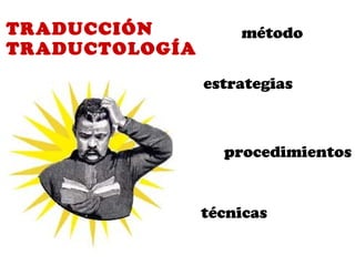 TRADUCCIÓN          método
TRADUCTOLOGÍA
                estrategias



                  procedimientos


                técnicas
 