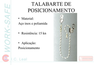 WORK-SAFE
I.C. Leal
TALABARTE DE
POSICIONAMENTO
• Material:
Aço inox e poliamida
• Resistência: 15 kn
• Aplicação:
Posicionamento
 