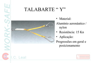 WORK-SAFE
I.C. Leal
TALABARTE “ Y”
• Material:
Alumínio aeronáutico /
nylon
• Resistência: 15 Kn
• Aplicação:
Progressões em geral e
posicionamento
 