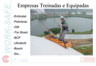 WORK-SAFE
I.C. Leal
Empresas Treinadas e Equipadas
-Embratel
-Petrobras
-GM
-Tim Brasil
-BCP
-Ultrafertil
-Bosch
-Etc...
 