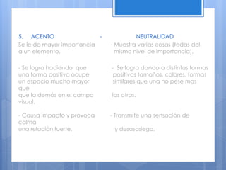 5. ACENTO - NEUTRALIDAD
Se le da mayor importancia - Muestra varias cosas (todas del
a un elemento. mismo nivel de importancia).
- Se logra haciendo que - Se logra dando a distintas formas
una forma positiva ocupe positivas tamaños, colores, formas
un espacio mucho mayor similares que una no pese mas
que
que la demás en el campo las otras.
visual.
- Causa impacto y provoca - Transmite una sensación de
calma
una relación fuerte. y desasosiego.
 