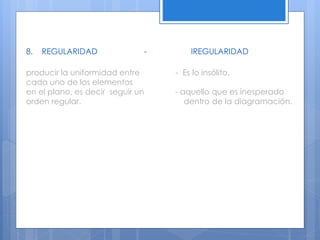 8. REGULARIDAD - IREGULARIDAD
producir la uniformidad entre - Es lo insólito.
cada uno de los elementos
en el plano, es decir seguir un - aquello que es inesperado
orden regular. dentro de la diagramación.
 