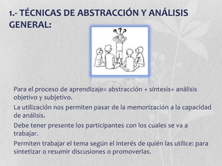 Técnicas de cierre.TÉCNICAS DE PRESENTACIÓNPermitir al facilitador presentarse como un integrante más del grupo.Permitirles a los miembros del grupo conocerse desde diferentes perspectivas.El facilitador puede extraer mucha información sobre las características de las interacciones y de la comunicación del grupo. Pueden también ser utilizadas para animar la dinámica del grupo, crear un ambiente de relajación.