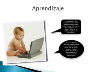 AprendizajeLectura Veloz: Una correcta lectura veloz tendrá como resultado captar mucha información que hecha con una lectura veloz no se hubiese captado tan fácilmente.Escuchar Música: Muchos investigadores han demostrado que cierto tipo de música ayuda a mejorar significativamente la memorización y retenimiento de información..