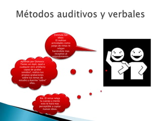 Métodos auditivos y verbalesEstimula tus ideas:El realizar actividades como juego de rimas te relajan haciéndote mas receptivo al entendimiento-Aprende por Osmosis: Tienes un mp4, ipod o cualquier otro artefacto capaz de grabar sonidos?, realiza tus propias grabaciones sobre tus temas de estudio y duerme “sobre” ellas.Ríe: El reírse relaja  tu cuerpo y mente esto te hará mas perceptible a captar nuevas ideas.
