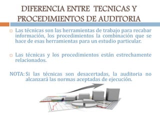 DIFERENCIA ENTRE TECNICAS Y
PROCEDIMIENTOS DE AUDITORIA
 Las técnicas son las herramientas de trabajo para recabar
información, los procedimientos la combinación que se
hace de esas herramientas para un estudio particular.
 Las técnicas y los procedimientos están estrechamente
relacionados.
NOTA: Si las técnicas son desacertadas, la auditoria no
alcanzará las normas aceptadas de ejecución.
 