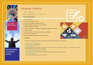 1ª PARTE: ASIGNATURAS
10. Aspectos jurídicos y tratados de libre comercio (4 ECTS)
1. ECONOMÍA
Introducción. Tipos de economía. La economía internacional. El proceso económico.
EL CICLO Y LA CRISIS ECONÓMICA
Causas, efectos y oportunidades.
MONEDA, CRÉDITO Y BANCA
La macroeconomía. La Balanza de Pagos. Conformación de la balanza de pagos. La contabilidad nacional.
Desequilibrios económicos de la actualidad.
LOS TIPOS DE CAMBIO Y EL MERCADO DE DIVISAS
Tipos de cambio. Clases de tipo de cambio. El Mercado de divisas. Los tipos de interés.
EL PRODUCTO NACIONAL
Producción y política económica internacional.
1ª PARTE: ASIGNATURAS
2ª PARTE: TRABAJO FINAL DE ESPECIALIZACIÓN
1. Economía (3 ECTS)
2. Comercio Internacional (5 ECTS)
3. Dirección y Planificación Estratégica (4 ECTS)
4. Gestión Estratégica de Recursos Humanos (4 ECTS)
5. Marketing Internacional (4 ECTS)
6. Innovación, desarrollo e investigación: estrategias para gestionarlas (4 ECTS)
7. Logística (3 ECTS)
8. Técnicas de Resolución de Conflictos y Negociación (4 ECTS)
9. Dirección Financiera (4 ECTS)
Comercio Exterior European Credit Transfer and
Accumulation System (ECTS)
(Sistema Europeo de
Transferencia y Acumulación
de Créditos en idioma español)
 