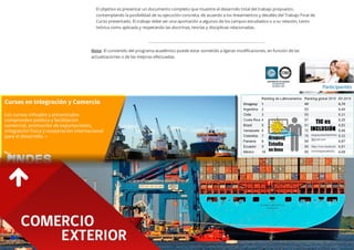 El objetivo es presentar un documento completo que muestre el desarrollo total del trabajo propuesto,
contemplando la posibilidad de su ejecución concreta, de acuerdo a los lineamientos y detalles del Trabajo Final de
Curso presentado. El trabajo debe ser una aportación a algunos de los campos estudiados o a su relación, tanto
teórica como aplicada y respetando las doctrinas, teorías y disciplinas relacionadas.
Nota: El contenido del programa académico puede estar sometido a ligeras modificaciones, en función de las
actualizaciones o de las mejoras efectuadas.
 