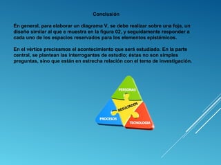 Conclusión
 
En general, para elaborar un diagrama V, se debe realizar sobre una foja, un 
diseño similar al que e muestra en la figura 02, y seguidamente responder a 
cada uno de los espacios reservados para los elementos epistémicos.
 
En el vértice precisamos el acontecimiento que será estudiado. En la parte 
central, se plantean las interrogantes de estudio; éstas no son simples 
preguntas, sino que están en estrecha relación con el tema de investigación.
 
 