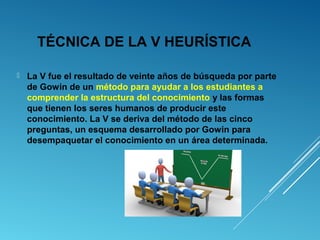 TÉCNICA DE LA V HEURÍSTICA
 La V fue el resultado de veinte años de búsqueda por parte
de Gowin de un método para ayudar a los estudiantes a
comprender la estructura del conocimiento y las formas
que tienen los seres humanos de producir este
conocimiento. La V se deriva del método de las cinco
preguntas, un esquema desarrollado por Gowin para
desempaquetar el conocimiento en un área determinada.
 