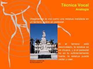 Técnica Vocal Analogía Imaginemos la voz como una estatua instalada en un terreno, sobre un pedestal.  Monumento a José Martí; URL: http://www.chessbase.com Si el terreno está desnivelado, la estatua se ve chueca, y si el pedestal no es lo suficientemente fuerte, la estatua puede ceder y caer. 