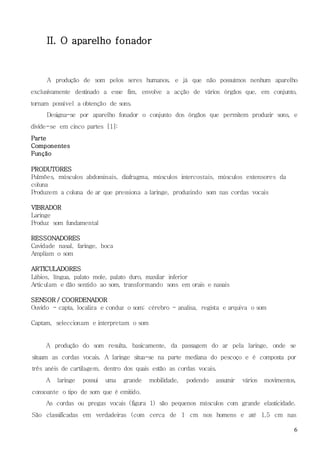 6
II. O aparelho fonador
A produção de som pelos seres humanos, e já que não possuímos nenhum aparelho
exclusivamente destinado a esse fim, envolve a acção de vários órgãos que, em conjunto,
tornam possível a obtenção de sons.
Designa-se por aparelho fonador o conjunto dos órgãos que permitem produzir sons, e
divide-se em cinco partes [1]:
Parte
Componentes
Função
PRODUTORES
Pulmões, músculos abdominais, diafragma, músculos intercostais, músculos extensores da
coluna
Produzem a coluna de ar que pressiona a laringe, produzindo som nas cordas vocais
VIBRADOR
Laringe
Produz som fundamental
RESSONADORES
Cavidade nasal, faringe, boca
Ampliam o som
ARTICULADORES
Lábios, língua, palato mole, palato duro, maxilar inferior
Articulam e dão sentido ao som, transformando sons em orais e nasais
SENSOR / COORDENADOR
Ouvido - capta, localiza e conduz o som; cérebro - analisa, regista e arquiva o som
Captam, seleccionam e interpretam o som
A produção do som resulta, basicamente, da passagem do ar pela laringe, onde se
situam as cordas vocais. A laringe situa-se na parte mediana do pescoço e é composta por
três anéis de cartilagem, dentro dos quais estão as cordas vocais.
A laringe possui uma grande mobilidade, podendo assumir vários movimentos,
consoante o tipo de som que é emitido.
As cordas ou pregas vocais (figura 1) são pequenos músculos com grande elasticidade.
São classificadas em verdadeiras (com cerca de 1 cm nos homens e até 1,5 cm nas
 