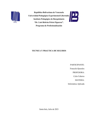 TECNICA Y PRACTICA DE SEGUROS
PARTICIPANTE:
Francelis Querales
PROFESORA:
Celia Cuberos
MATERIA:
Informática Aplicada
Santa Inés, Julio de 2021
República Bolivariana de Venezuela
Universidad Pedagógica Experimental Libertador
Instituto Pedagógico de Barquisimeto
“Dr. Luis Beltrán Prieto Figueroa”.
Programa de Profesionalización
 