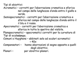 Tipi di obiettivi: Acromatici – corretti per l’aberrazione cromatica e sferica nel campo delle lunghezze d’onda entro il giallo e verde. Semiapocromatici - corretti per l’aberrazione cromatica e sferica nel campo delle lunghezze d’onda entro il il blu e il rosso. Apocromatici - corretti per l’aberrazione cromatica e sferica in tutto lo spettro del visibile. Planapocromatici – apocromatici corretti per la curvatura di campo.  Tipi di oculari: Comuni o Huyghens – abbinati solo ad oculari acromatici < 40x Compensatori –  hanno aberrazioni di segno opposte a quelli degli obiettivi. Planari –  per obiettivi planari. 
