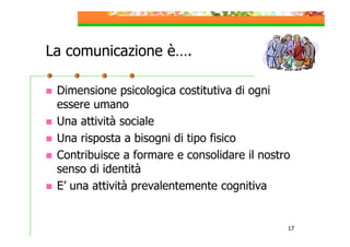 La comunicazione è….
Dimensione psicologica costitutiva di ogni
essere umano
Una attività sociale
Una risposta a bisogni di tipo fisico
Contribuisce a formare e consolidare il nostro
senso di identità
E’ una attività prevalentemente cognitiva

17

 