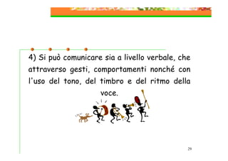4) Si può comunicare sia a livello verbale, che
attraverso gesti, comportamenti nonché con
l'uso del tono, del timbro e del ritmo della
voce.

29

 