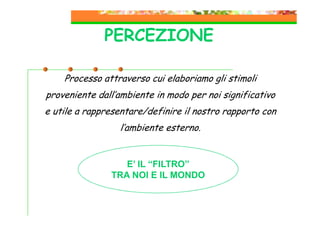 PERCEZIONE
Processo attraverso cui elaboriamo gli stimoli
proveniente dall’ambiente in modo per noi significativo
e utile a rappresentare/definire il nostro rapporto con
l’ambiente esterno.

E’ IL “FILTRO”
TRA NOI E IL MONDO

 