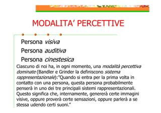 MODALITA’ PERCETTIVE
Persona visiva
Persona auditiva
Persona cinestesica
Ciascuno di noi ha, in ogni momento, una modalità percettiva
dominate (Bandler e Grinder la definiscono sistema
rappresentazionale):”Quando si entra per la prima volta in
contatto con una persona, questa persona probabilmente
penserà in uno dei tre principali sistemi rappresentazionali.
Questo significa che, internamente, genererà certe immagini
visive, oppure proverà certe sensazioni, oppure parlerà a se
stessa udendo certi suoni.”

 