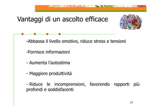 Vantaggi di un ascolto efficace
-Abbassa il livello emotivo, riduce stress e tensioni
-Fornisce informazioni
- Aumenta l’autostima
- Maggiore produttività
- Riduce le incomprensioni, favorendo rapporti più
profondi e soddisfacenti
77

 