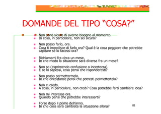 DOMANDE DEL TIPO “COSA?”
Non sono sicuro di averne bisogno al momento.
Di cosa, in particolare, non sei sicuro?
Non posso farlo, ora.
Cosa ti impedisce di farlo ora? Qual è la cosa peggiore che potrebbe
capitare se lo facessi ora?
Richiamami fra circa un mese.
In che modo la situazione sarà diversa fra un mese?
Non so (esprimendo confusione o incertezza)
E se lo sapessi, cosa pensi che risponderesti?
Non posso permettermelo.
In che circostanze pensi che potresti permettertelo?
Non ci credo.
A cosa, in particolare, non credi? Cosa potrebbe farti cambiare idea?
Non mi interessa ora.
Quando pensi che potrebbe interessarti?
Forse dopo il primo dell’anno.
In che cosa sarà cambiata la situazione allora?

81

 