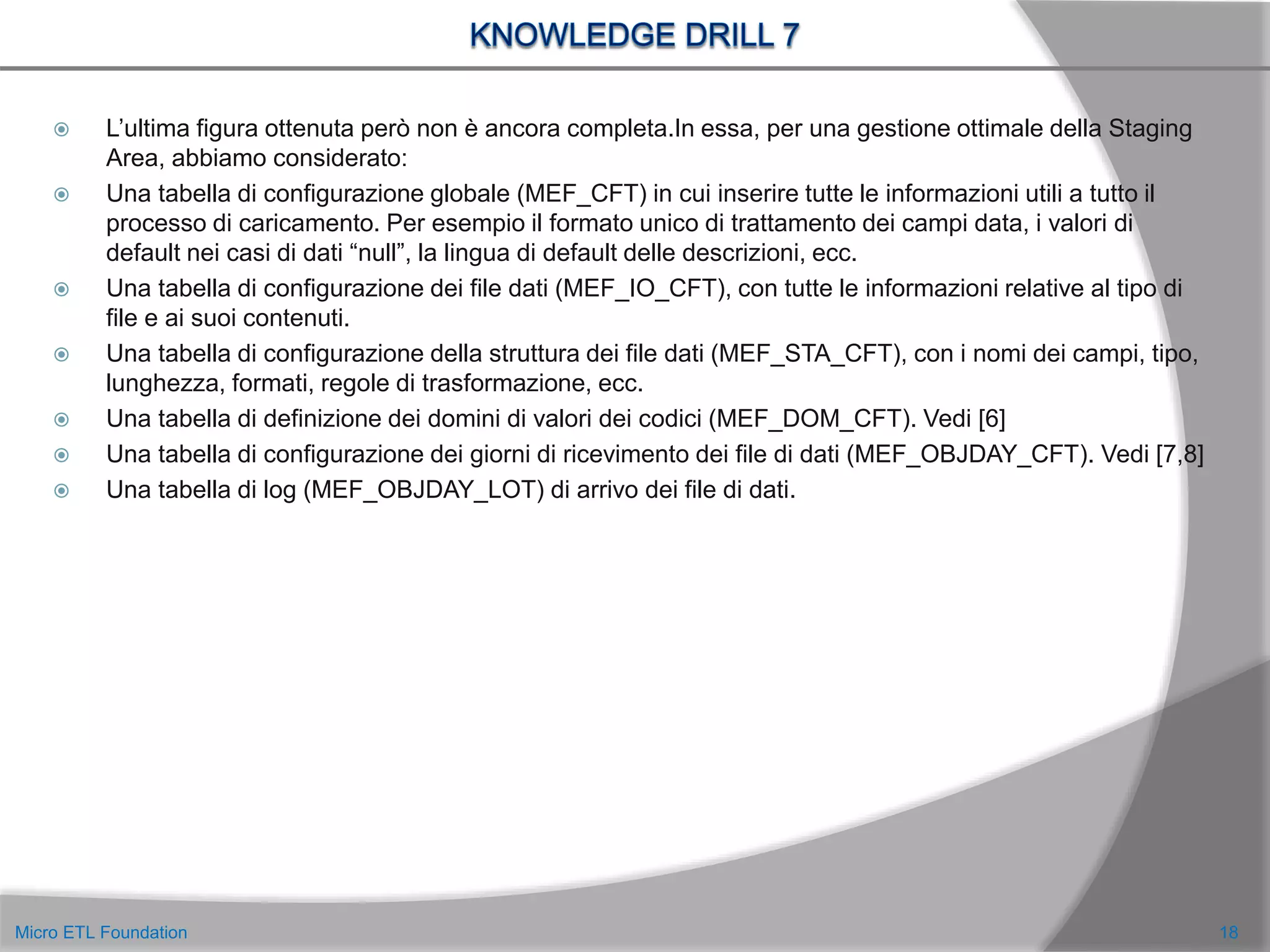  L’ultima figura ottenuta però non è ancora completa.In essa, per una gestione ottimale della Staging
Area, abbiamo considerato:
 Una tabella di configurazione globale (MEF_CFT) in cui inserire tutte le informazioni utili a tutto il
processo di caricamento. Per esempio il formato unico di trattamento dei campi data, i valori di
default nei casi di dati “null”, la lingua di default delle descrizioni, ecc.
 Una tabella di configurazione dei file dati (MEF_IO_CFT), con tutte le informazioni relative al tipo di
file e ai suoi contenuti.
 Una tabella di configurazione della struttura dei file dati (MEF_STA_CFT), con i nomi dei campi, tipo,
lunghezza, formati, regole di trasformazione, ecc.
 Una tabella di definizione dei domini di valori dei codici (MEF_DOM_CFT). Vedi [6]
 Una tabella di configurazione dei giorni di ricevimento dei file di dati (MEF_OBJDAY_CFT). Vedi [7,8]
 Una tabella di log (MEF_OBJDAY_LOT) di arrivo dei file di dati.
18Micro ETL Foundation
 