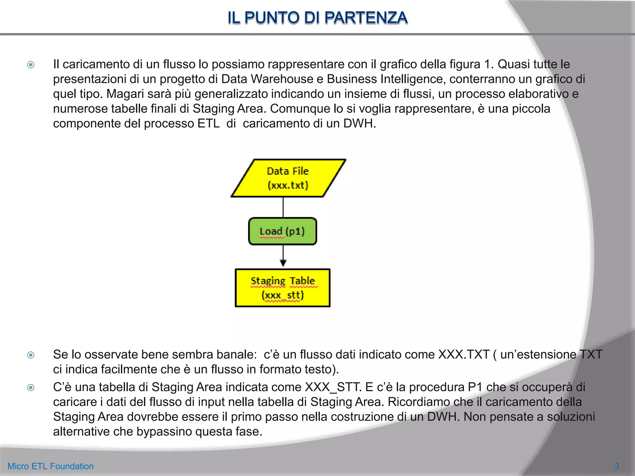  Il caricamento di un flusso lo possiamo rappresentare con il grafico della figura 1. Quasi tutte le
presentazioni di un progetto di Data Warehouse e Business Intelligence, conterranno un grafico di
quel tipo. Magari sarà più generalizzato indicando un insieme di flussi, un processo elaborativo e
numerose tabelle finali di Staging Area. Comunque lo si voglia rappresentare, è una piccola
componente del processo ETL di caricamento di un DWH.
 Se lo osservate bene sembra banale: c’è un flusso dati indicato come XXX.TXT ( un’estensione TXT
ci indica facilmente che è un flusso in formato testo).
 C’è una tabella di Staging Area indicata come XXX_STT. E c’è la procedura P1 che si occuperà di
caricare i dati del flusso di input nella tabella di Staging Area. Ricordiamo che il caricamento della
Staging Area dovrebbe essere il primo passo nella costruzione di un DWH. Non pensate a soluzioni
alternative che bypassino questa fase.
3Micro ETL Foundation
 