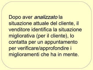 Dopo aver analizzato la
situazione attuale del cliente, il
venditore identifica la situazione
migliorativa (per il cliente), lo
contatta per un appuntamento
per verificare/approfondire i
miglioramenti che ha in mente.

 